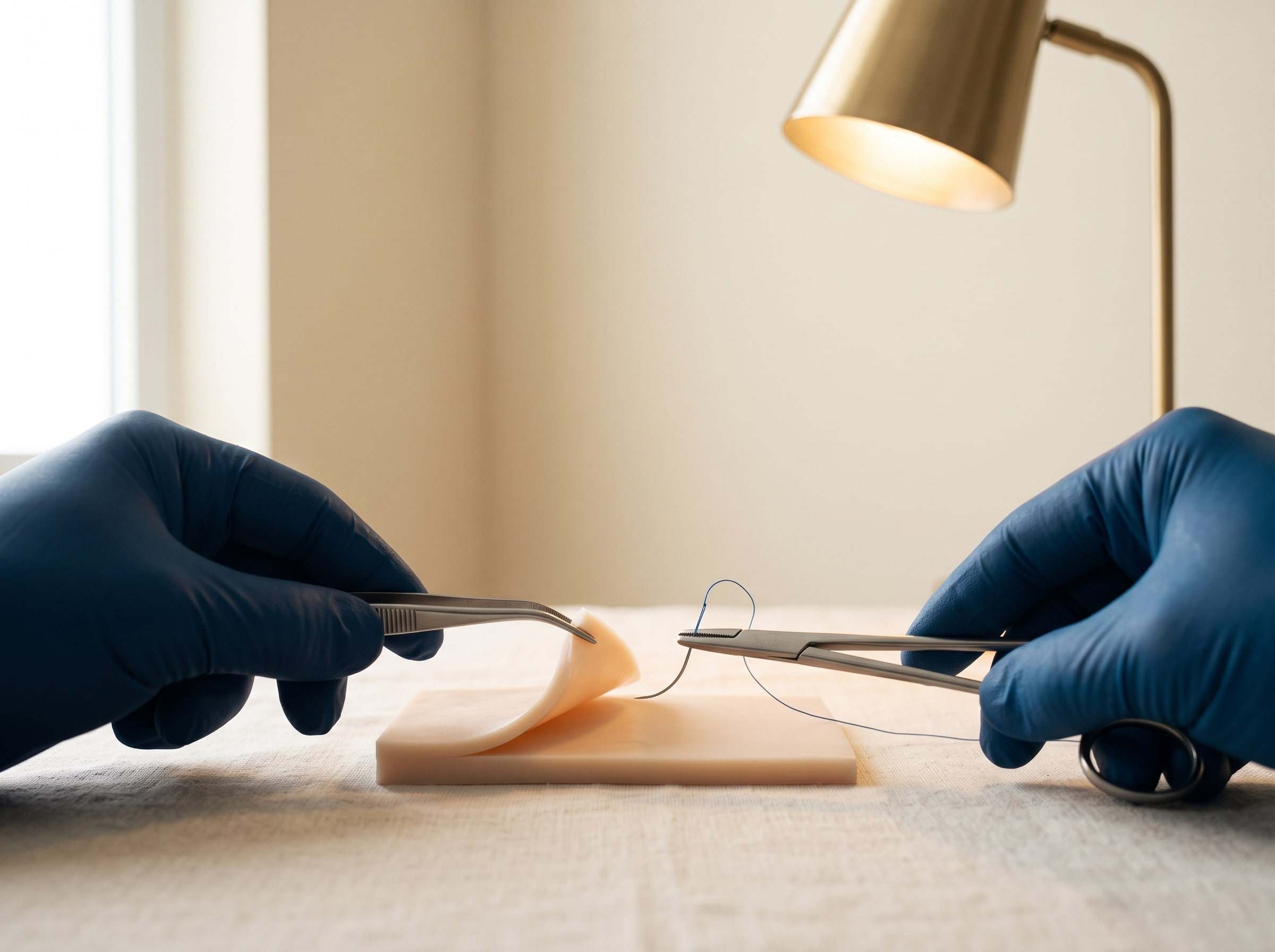 Hands in surgical gloves placing a fine suture on a simulation pad under a lamp.