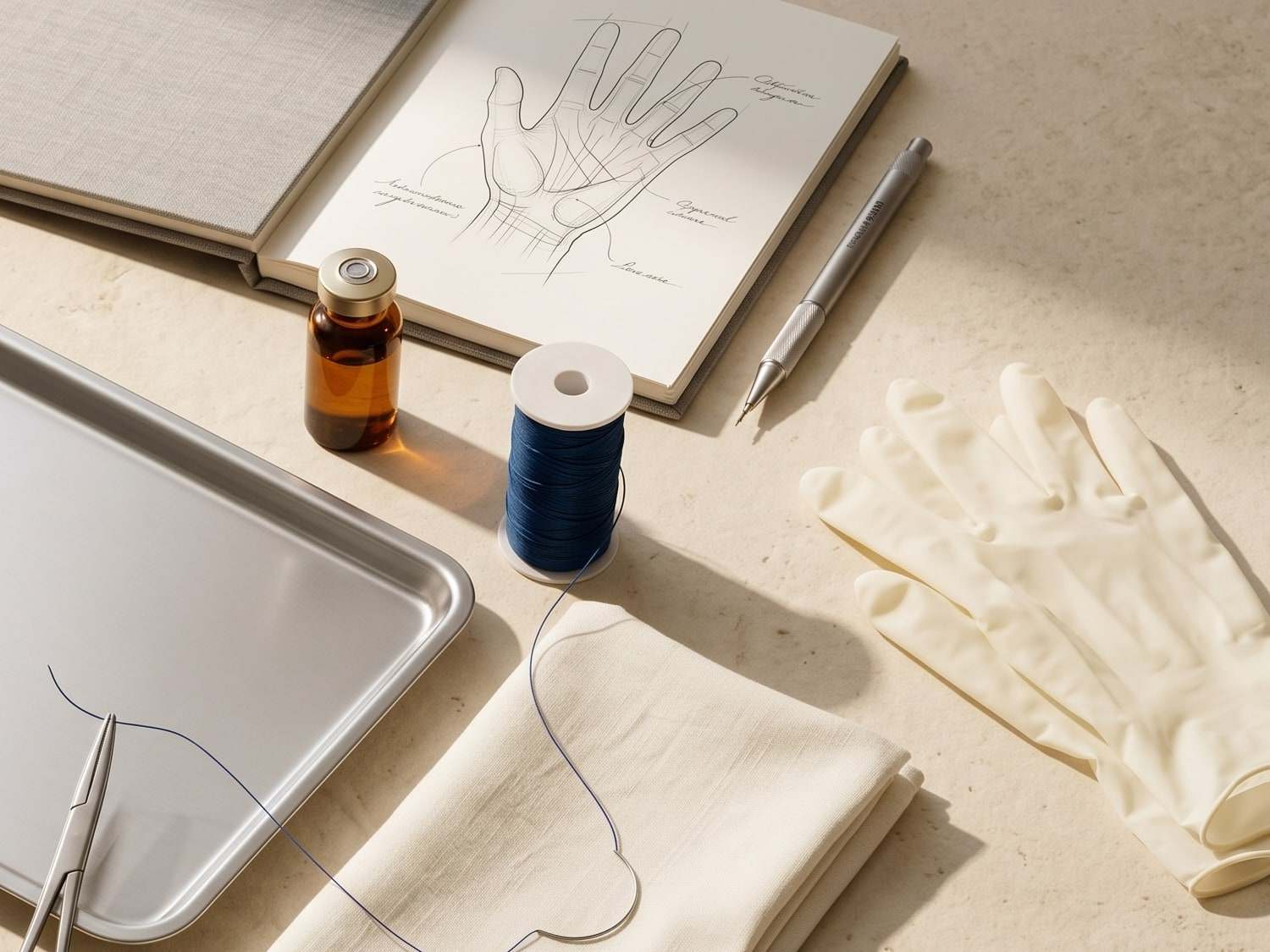 An open notebook with a hand-drawn anatomical sketch, a pen, a small vial and a spool of blue suture beside folded gloves.