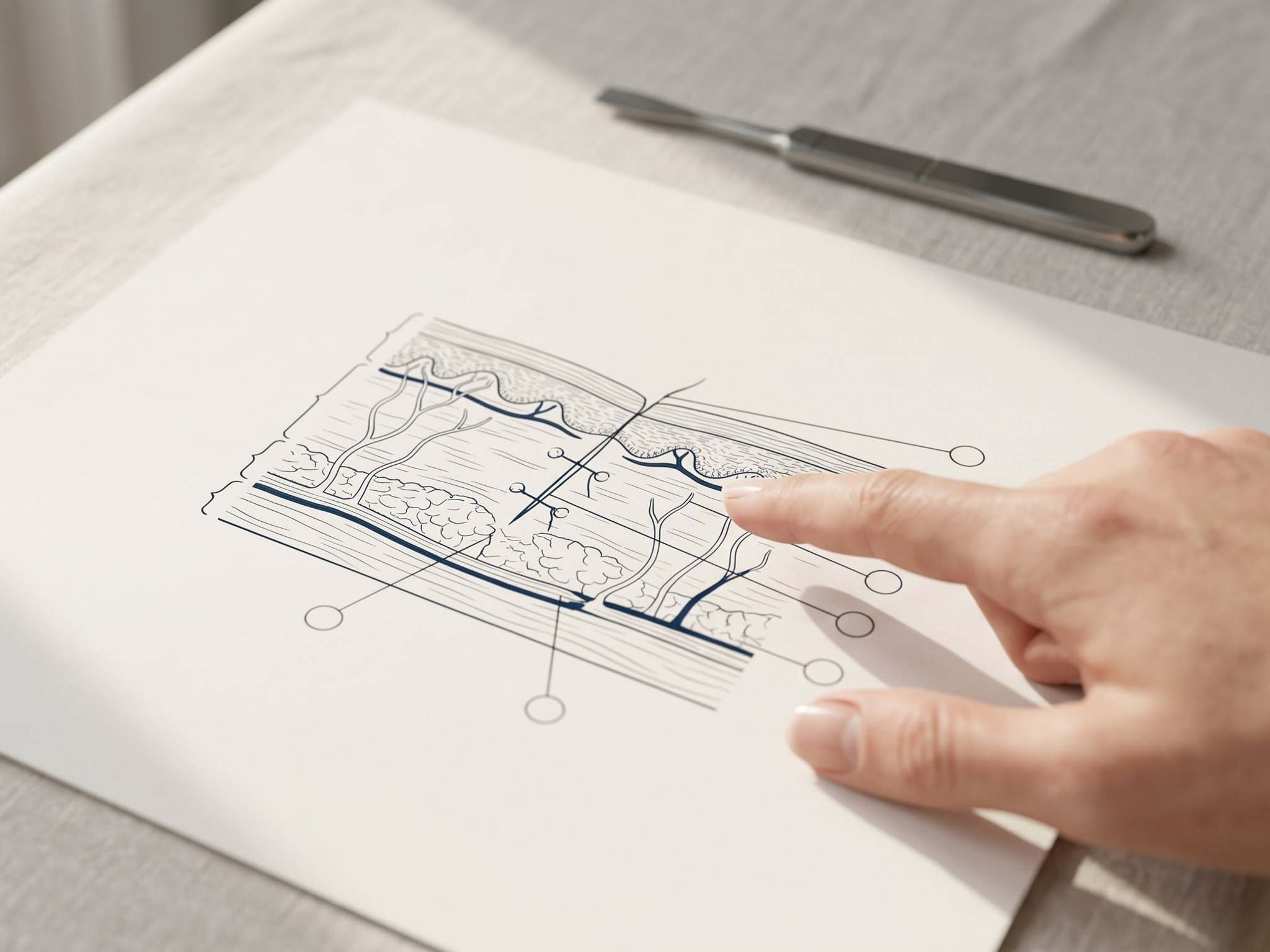 A finger tracing the vessels on a fine-line anatomical plate of the skin and subcutaneous layers.