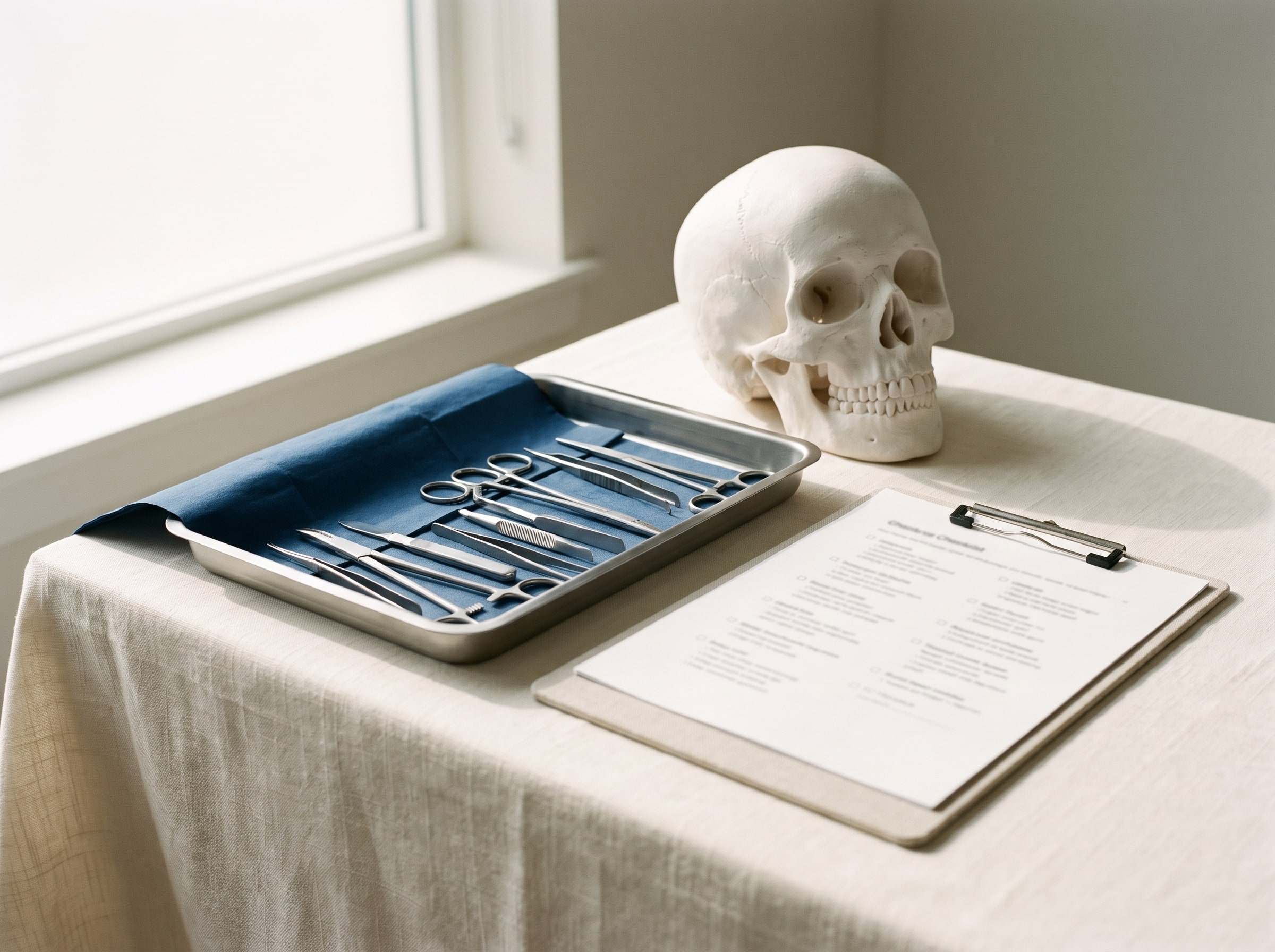 A sterile instrument tray, a printed checklist and an anatomical model on a consultation table.